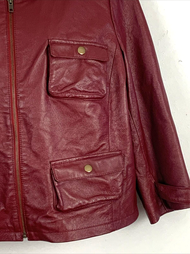 Newport News Womens Jacket Size 16 Burgundy Leather Zip Snap 6 Pockets Lined - Picture 6 of 12