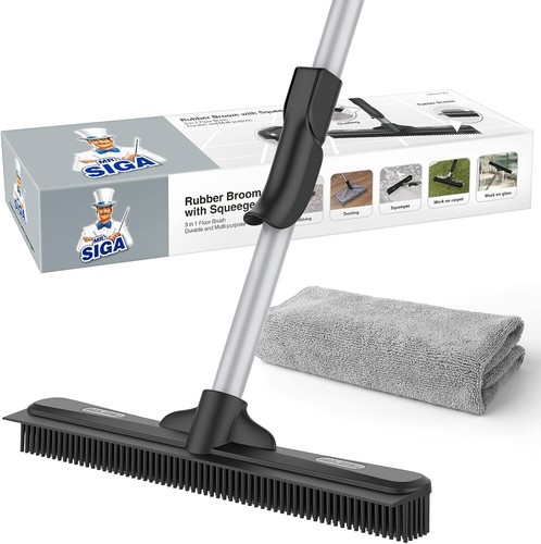MR.SIGA Pet Hair Removal Rubber Broom with Built in Squeegee, 3 1 Black