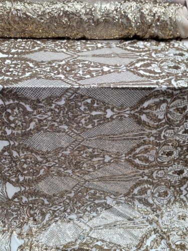 Gold Metallic Sequins On Stretch Lace Fabric Sold by the Yard Gown Prom Geometri - Picture 1 of 10