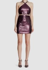 $375 Halston Women Purple Silk Sequin Cutout Waist Halter Mini Dress Size 8