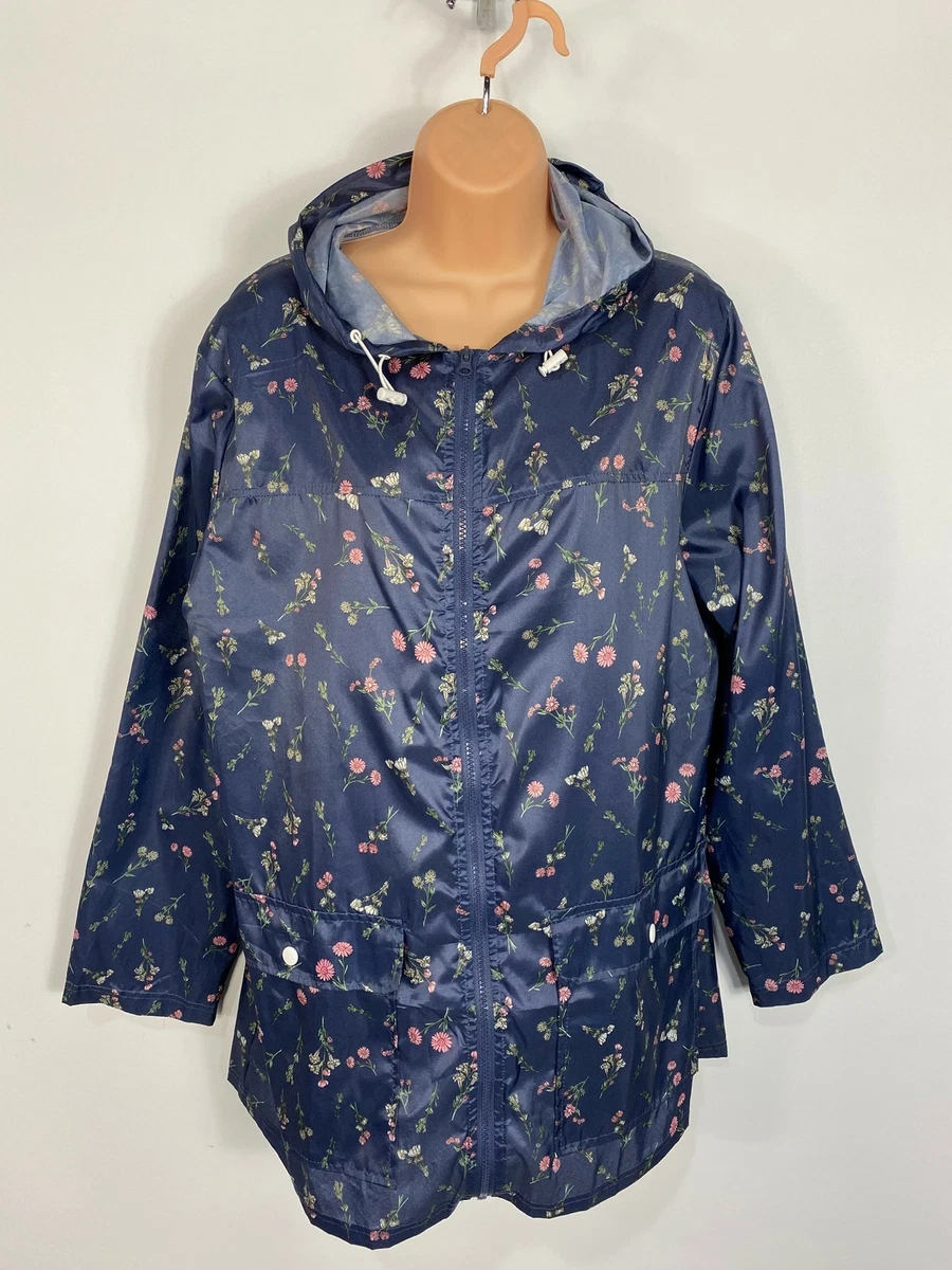 WOMENS ANNE DE LANCAY MEDIUM NAVY FLORAL LIGHT HOODED PACKABLE RAINCOAT  JACKET | eBay