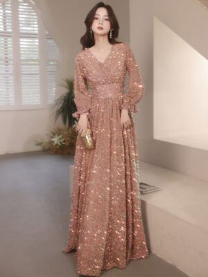 Long Sleeve Evening Dresses Floor-Length Sparkly Women Formal