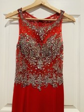 Mori Lee Red Chiffon Beaded Rhinestone Long Formal Gown Tall 3/4