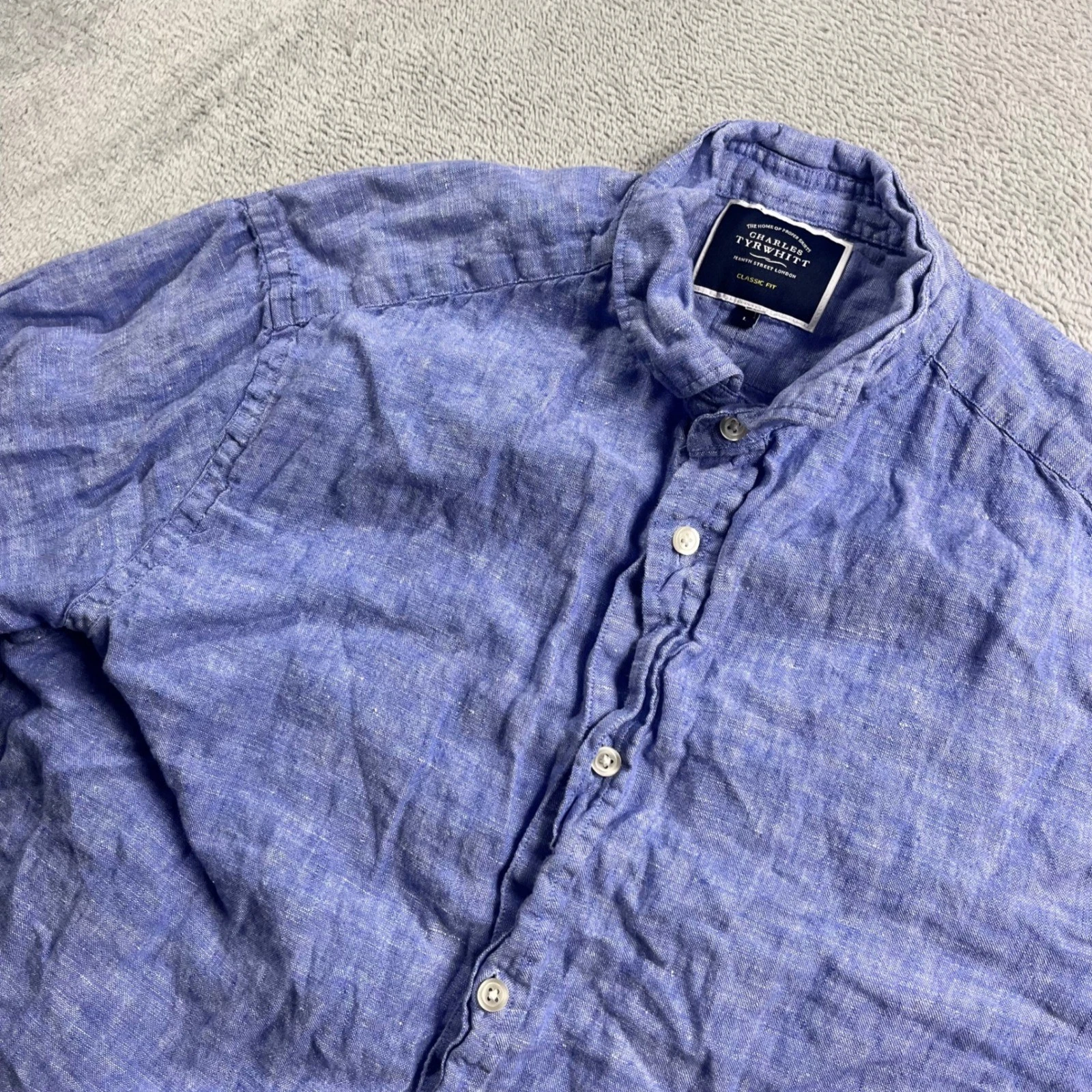 Charles Tyrwhitt Men Blue 100% Linen Short Sleeve Shirt Classic Fit L
