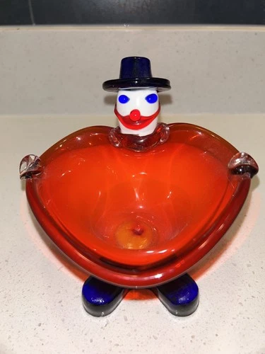 Vtg Murano Cobalt Red Glass Clown Candy Dish/Ashtray Handblown