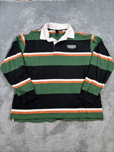 H&M, H&M Stranger Things Rugby Shirt Mens XL, Green Black Striped Long Sleeve Polo
