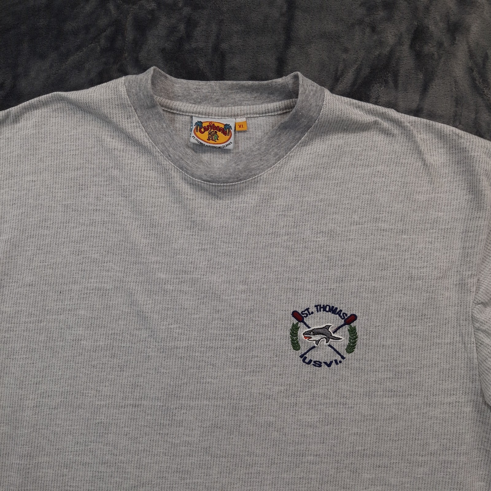 FILA Camicia Caribana St Thomas USVI uomo XL grigio squalo ricamo remi vintage USA