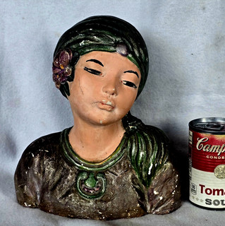 Signed Leon Fighiera Chalkware Bust Polychrome Asian Woman Esther Hunt Era