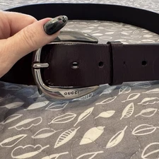 GUCCI Rare Women’s Brown Leather Belt with Cut-outs and Silver Buckle, size 38 