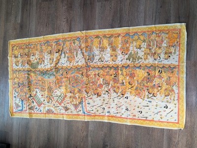 Vintage Kamasan Bali Indonesia Textile Hand Painting Mural 74'' X 34'' 