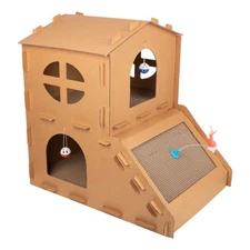 Multi-Level Cardboard Cat House with Catnip and Play Toy with Feather Toy