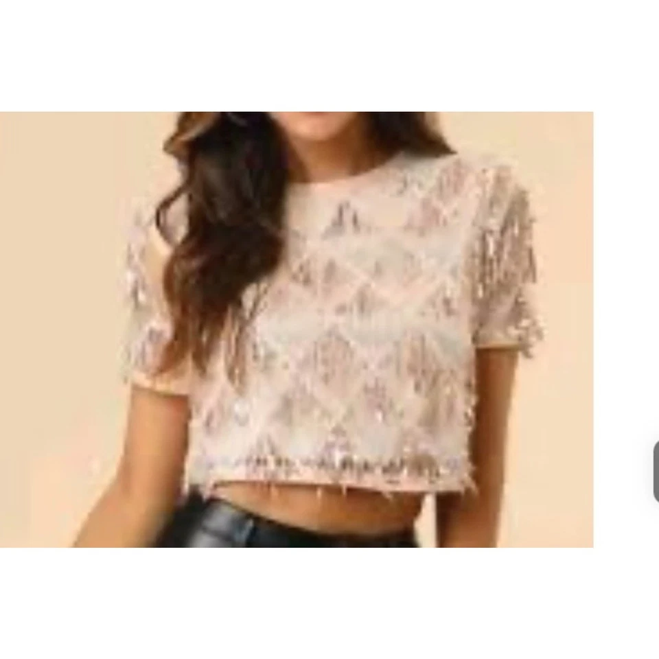 Allegra K Womens Crop Top Sequin Fringe Party Club Rave Glam Swiftie New Years - Image 2 of 4