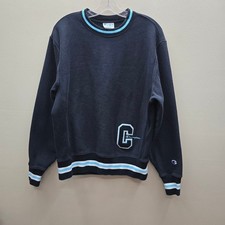 Champion Reverse Weave Unisex Crew Neck Sweatshirt C Applique Blue Size Medium