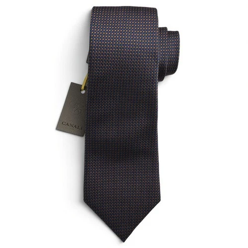 CANALI Mens Navy Brown MICRO CHECK Woven Silk Tie Italy NWT