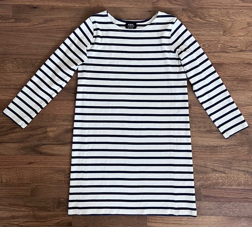 A.P.C. Rue Madame Paris Navy Blue Striped Cotton Shirt Dress Women's Size Medium