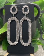 3.5 Silver Earring Set Clip-On Non-Pierced Retro Dangle Rhinestone New B911