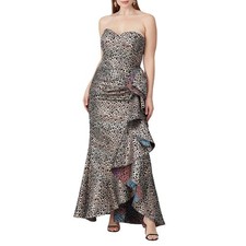 BADGLEY MISCHKA Printed Side Skirt Rufflle Gown, Strapless Sweetheart, Size 10