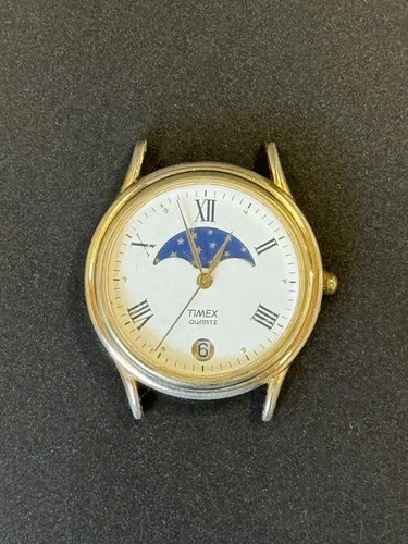 Vintage Timex Moon Phase Watch Unisex Gold Tone Leather Date New 🔋