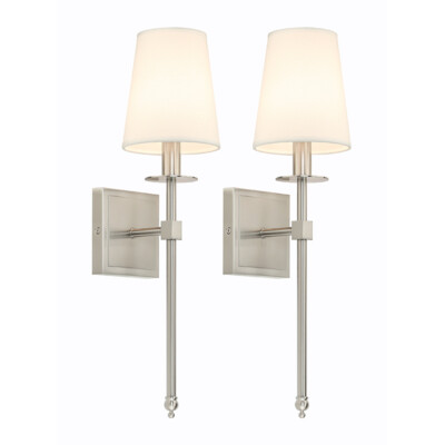 Wall Sconce Light with Flared Fabric Shade Brushed Nickel Finish Set of 2