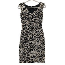 Adrianna Papell Printed Dress 4 Black Tan Bodycon Cocktail Mini V-Neck Stretch
