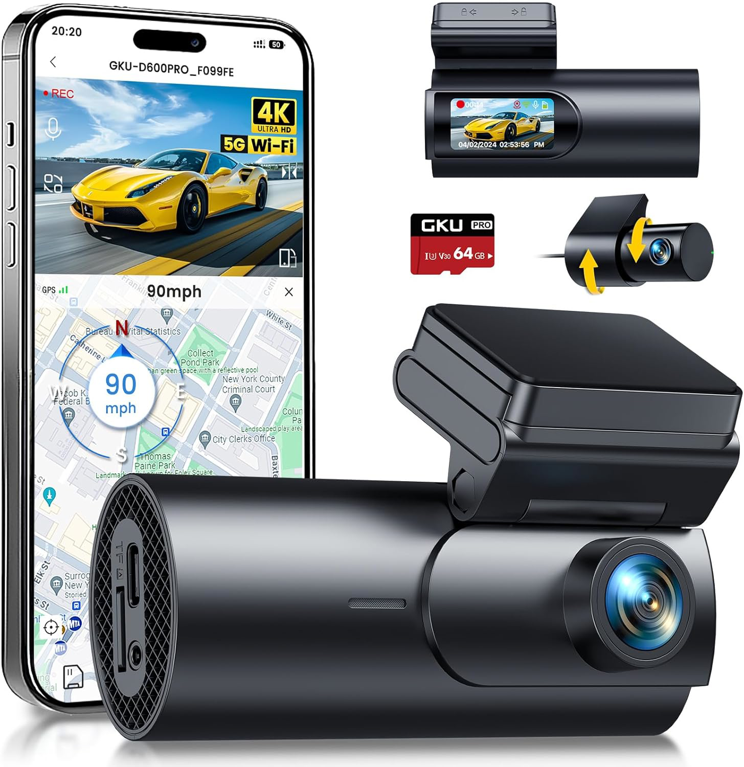4K Dash Cam Front and Rear, WiFi GPS 64GB SD Card, Night Vision, App Control