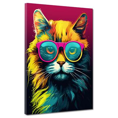 Katze frontal Sonnenbrille Pop Art Leinwandbild Wandbild Kunstdruck XL Wanddeko