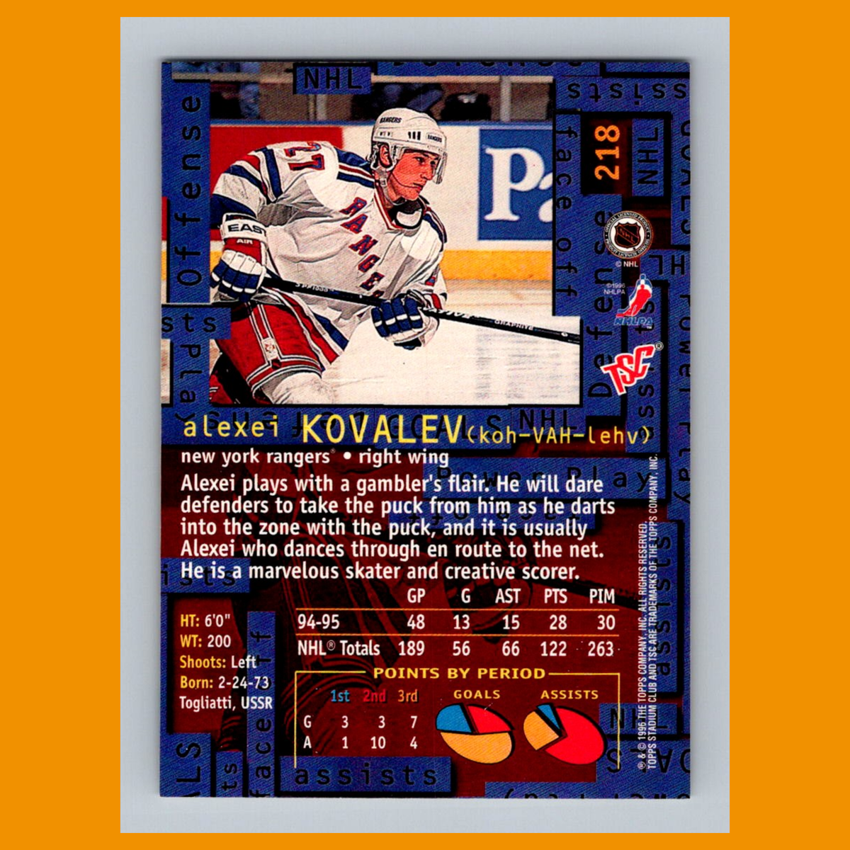 Alexei Kovalev #218 1995 Stadium Club New York Rangers Hockey Card