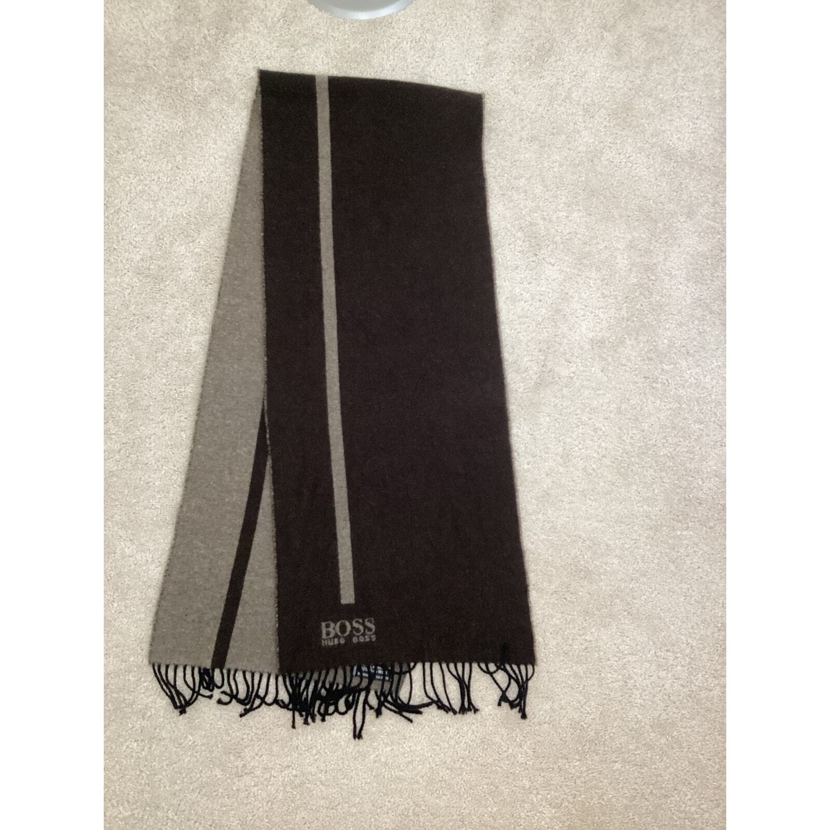 Boss Hugo Boss men's wool scarf with a color-block design in brown and gray