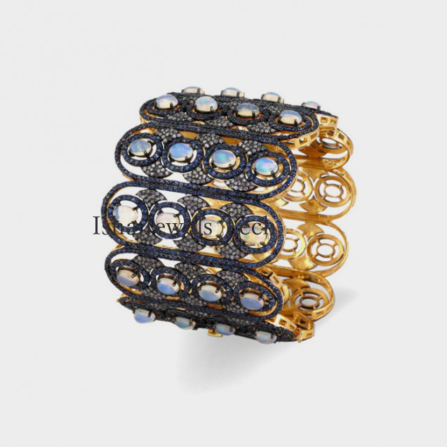 Bangle Natural Rose Cut Diamond & Opal 925 Sterling Silver Bangle Jewelry-image