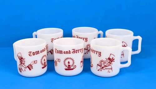 (6) Tom & Jerry White Milk Glass Christmas Vintage Hazel Atlas Egg Nog Mug Cups
