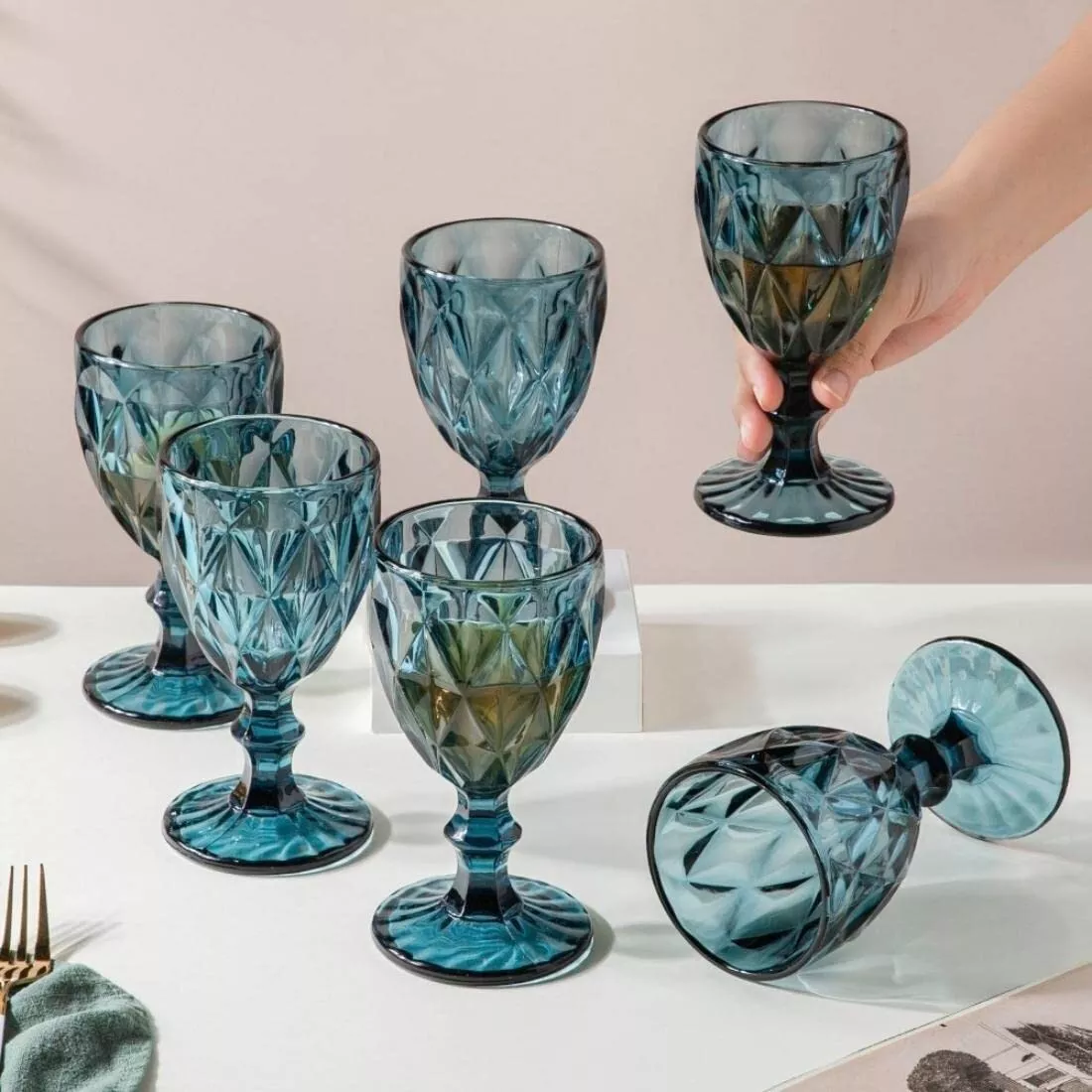 Textured Stemmed Stylish and Unique Wine Glasses Blue Set of 6