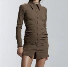 Zara Button Down Shirt Dress W/Ruching, Brown, Size Medium