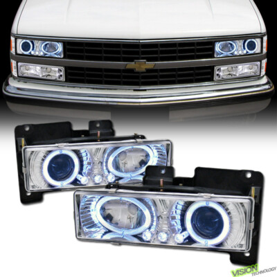 For 88-00 Chevy C10 C/K Silverado Chrome Halo Rims LED Projector Headlights k2
