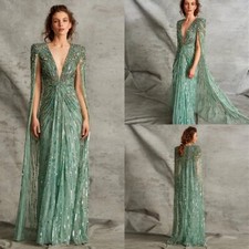 Luxury A-Line Evening Dresses V-Neck Sleeveless With Cape Tulle Beaded Ball Gown