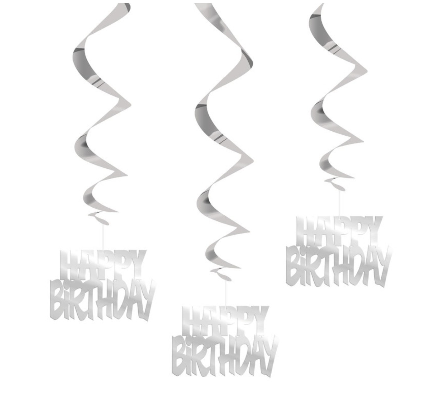 15 Happy Birthday Silver Foil Hanging Swirl Decorations Party 32"" 81cm