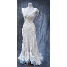 V-neck Sheath Wedding Dresses Intricate Custom Lace Cubic Floral Sweep Train