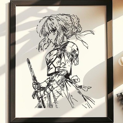 Hand Drawn (Not a Print) Saber Fate Stay Night Framed Pen & Ink Art Drawing