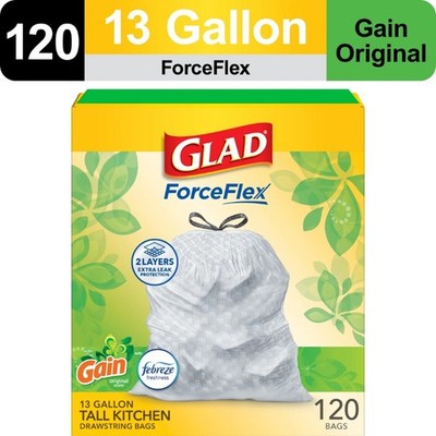 Glad ForceFlex Tall Kitchen Drawstring Trash Bags, 13 Gallon, Gain Original