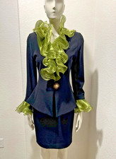 Vtg Cocktail Lillie Rubin Black Jacket Skirt Ruffled Green Organza Collar 6 Suit