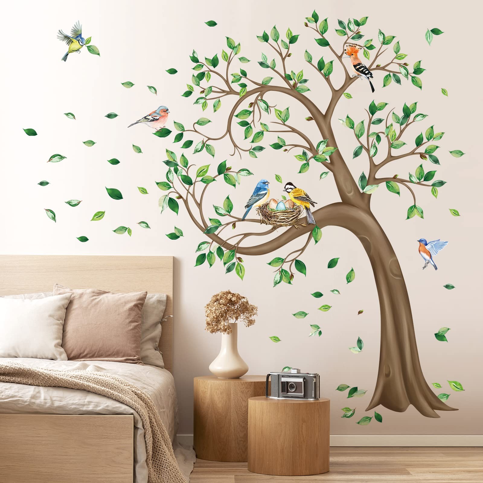 Grand arbre autocollant mural en vinyle mat matité lin pour décoration murale chic d'intérieur