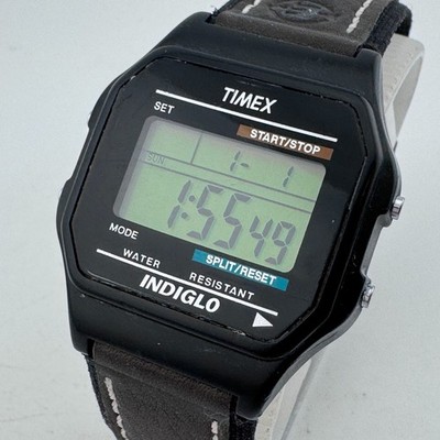 Timex Indiglo Digital Watch Men Black Brown Leather Alarm Chrono New Battery
