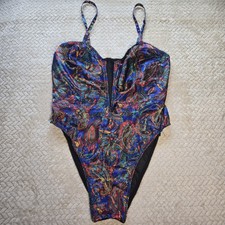 Vtg 80s Fredericks of Hollywood Paisley Satin Teddy Bodysuit Plunge High Leg Med