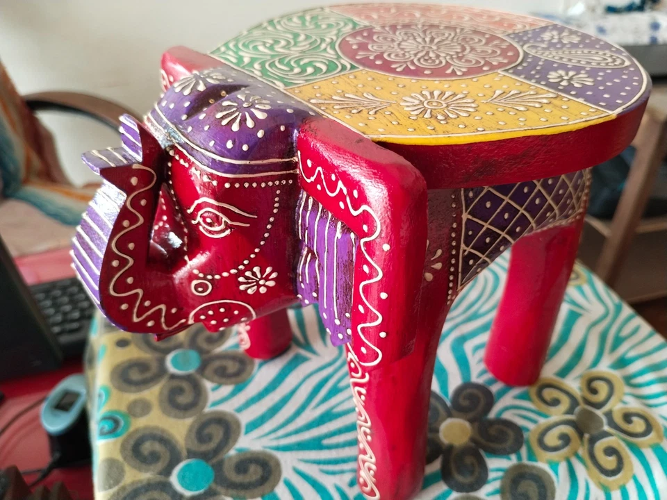 Indian Hand Painted Wooden Elephant Shape Home Decor Side Table Statue Table - Image 2 of 4