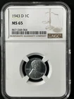 1943-D  1C Lincoln Wheat One Cent  NGC MS65  8671268-064