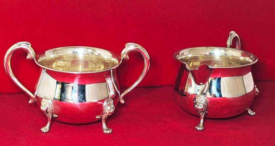Azúcar y crema LR de plata esterlina de colección (cuencos con patas cabeza de león) Foto 3 de 4