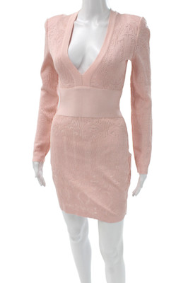 Balmain Womens Bodycon Mini Dress Pink V Neck Long Sleeve Zip Size 36