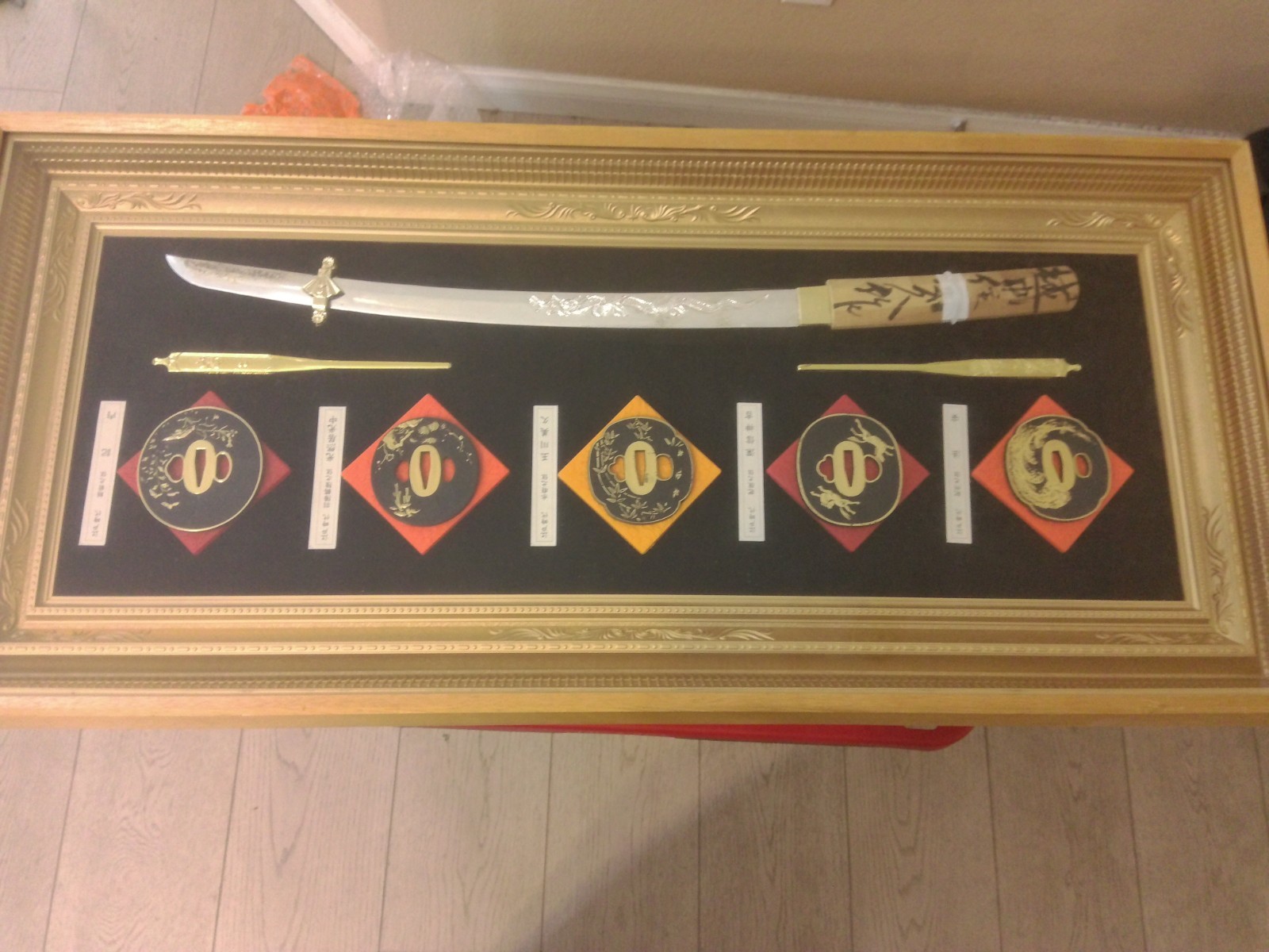 Vintage Japanese Samurai Shadowbox - Wakizashi & 5 Tsuba Guard Set - Md in Japan