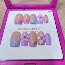 Handmade Hard Gel Press on Nail Art Kit Sz M Square French Jewel Flower Resin