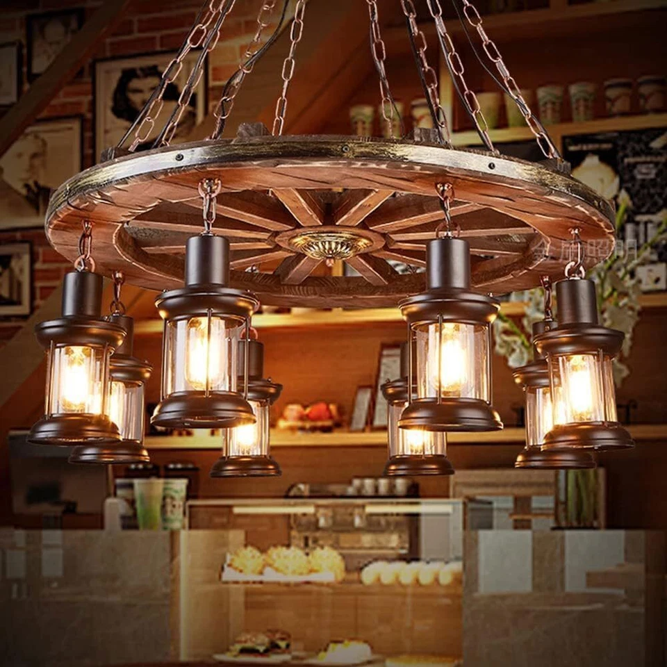 31.5" 8-Lights Wagon Wheel Chandelier Wooden Pendant Lamp Rustic Ceiling Light - Image 4 of 4