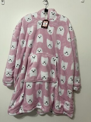 Halloween Pink Ghost Blanket Hoodie for Adults - Oversized Wearable Sweatshirt..